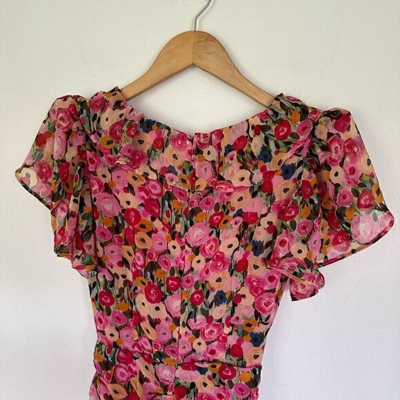 Astr the Label Vilma Floral Ruched Ruffle Detail Asymmetrical Hem Midi Dress - Picture 13 of 16